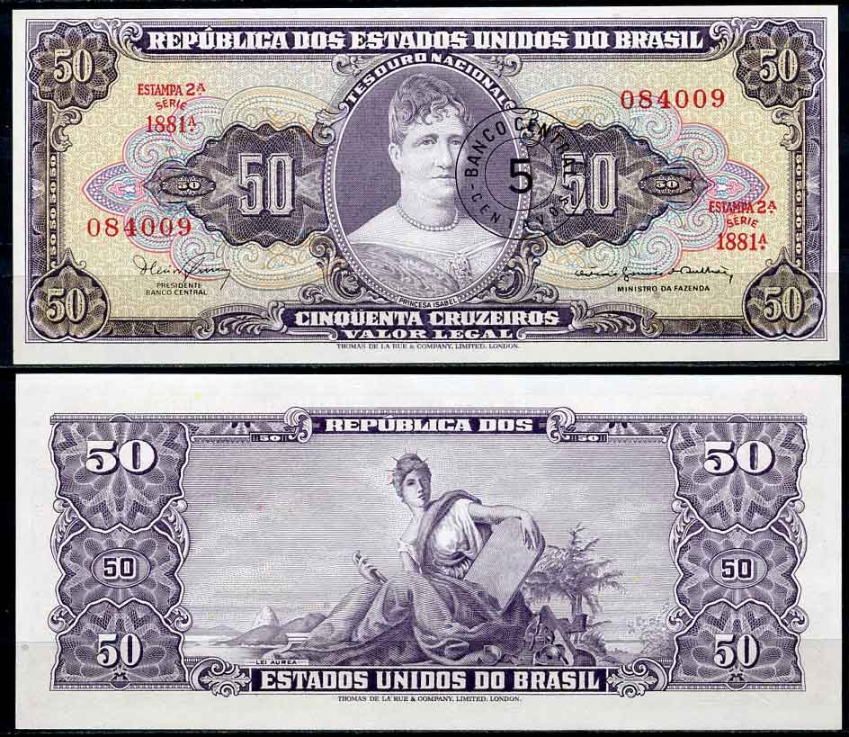 Бразилия 5 сентаво 1967 надпечатка на 50 крузейро, серия 1881, Estampa 2A, Жетулиу Варгас Pick 184 b бумага UNC (пресс) 2196-38-3-1