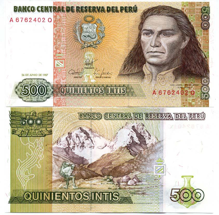 Перу 500 инти 1987 Хосе Габриель, Тупак Амару II, южноамериканский революционер, организатор восстания коренных народов против испанских колониальных властей в перу, альпинисты на восхождении Pick 134b бумага UNC (пресс) 447-73-2