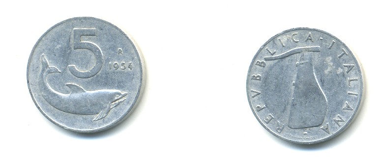 ИТАЛИЯ 5 ЛИР 1954 R, РУЛЬ, ДЕЛЬФИН KM 92 алюминий 4364-754