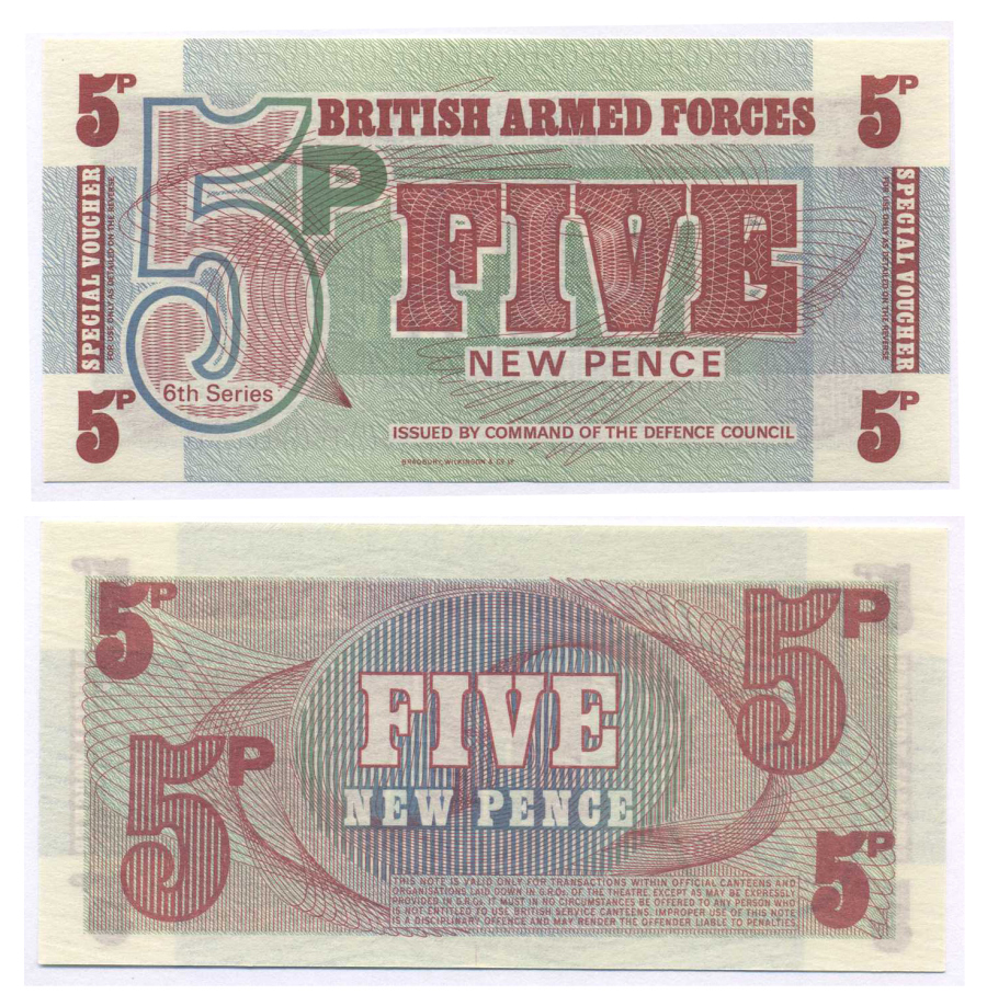 АНГЛИЯ 5 ПЕНСОВ 1972 ДЛЯ ВООРУЖЕННЫХ СИЛ, СЕРИЯ 6 Pick M44 бумага UNC (ПРЕСС) 8588-79-3-1