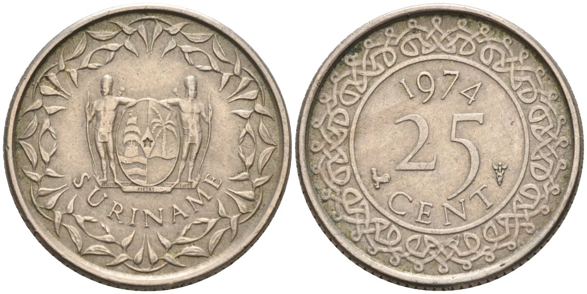 Суринам 25 центов 1974 KM 14 медно-никель 4585-965
