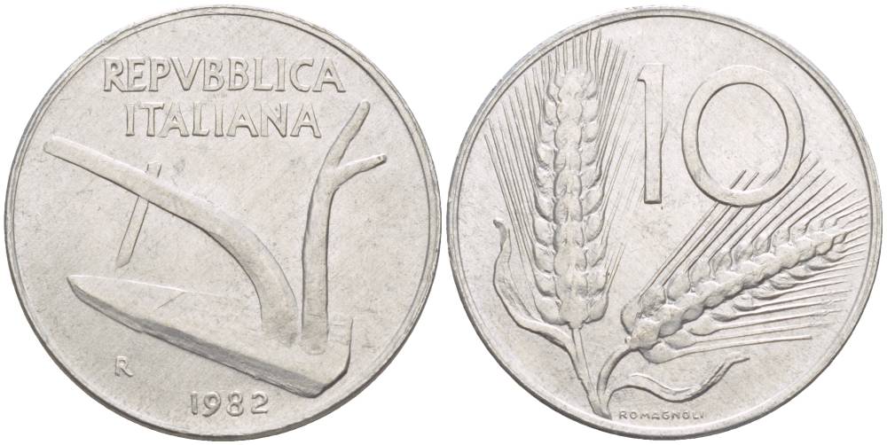 ИТАЛИЯ 10 ЛИР 1982 R, КОЛОСЬЯ, ПЛУГ KM 93 алюминий 4551-232