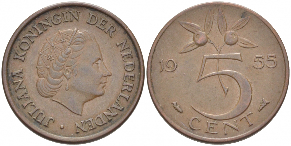 НИДЕРЛАНДЫ 5 ЦЕНТОВ 1955 ЮЛИАНА KM 181 бронза 214-769