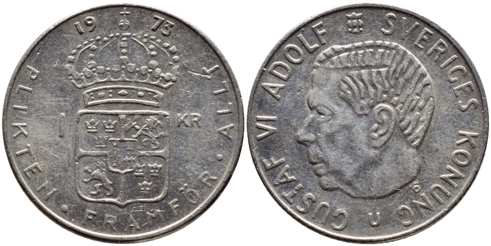 Швеция 1 крона 1973 Густав VI Адольф (1950-1973) KM 826а медь плакированная медно-никелем 4395-321
