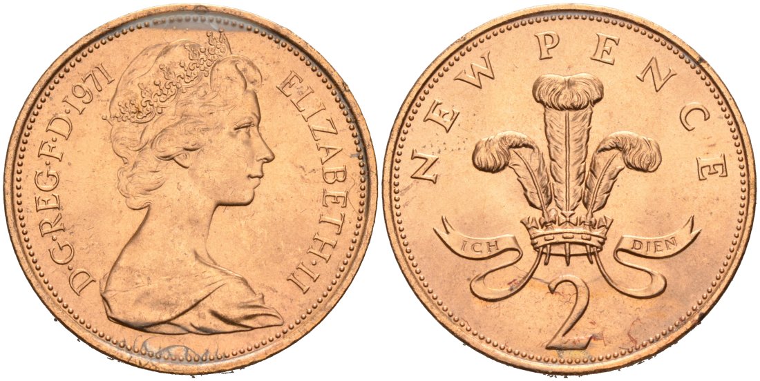 Великобритания 2 пенса 1971 Елизавета II (1952-2022), в лаке KM 916, Spink 4235 (C1) бронза 92-634