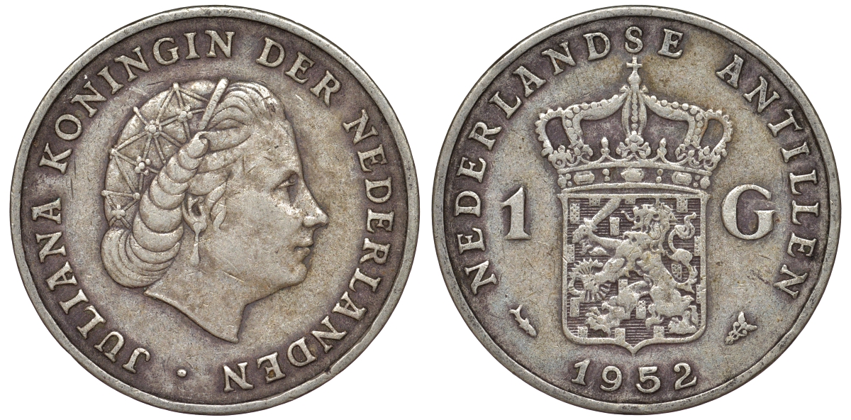 Нидерландские Антилы 1 гульден 1952 Юлиана (1948-1980) KM 2 серебро 36-836
