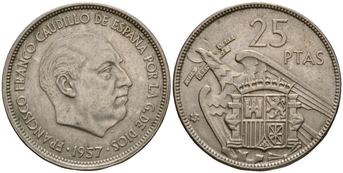 Испания 25 песет 1957 (65) KM 787 медно-никель 92-653