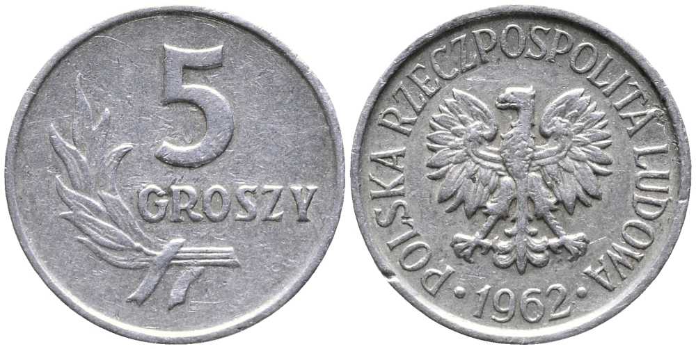ПОЛЬША 5 ГРОШЕЙ 1962 KM A46 алюминий 105-964