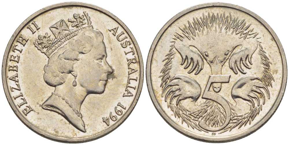 Австралия 5 центов 1994 Елизавета II (1952-), ехидна KM 80 медно-никель 105-323