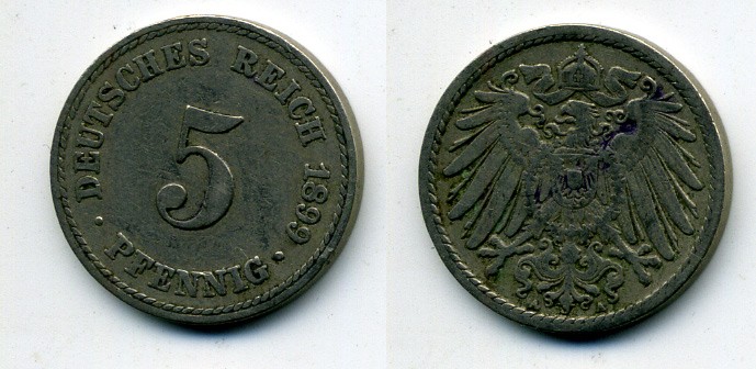 ГЕРМАНИЯ 5 ПФЕННИГОВ 1899 A, KM 11, J. 12 медно-никель 58-326