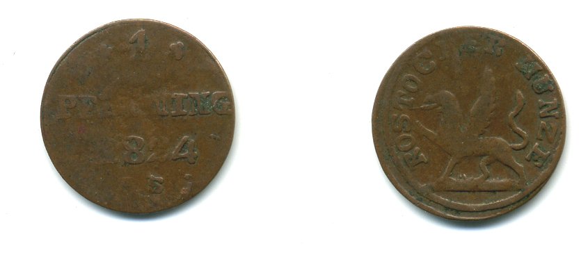Росток 1 пфенниг 1824 AS, Адам Шиллер (1815-1824) KM 135 медь     54-915