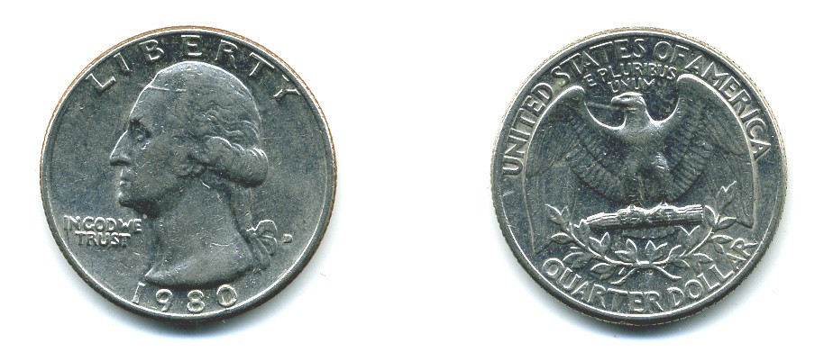 США 25 центов (квотер) 1980 Вашингтон KM А164а медь плакированная медно-никелем 37-1142