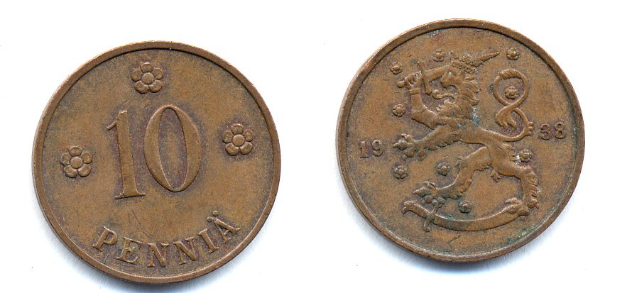 Финляндия 10 пенни 1938 KM 24 медь 51-5647