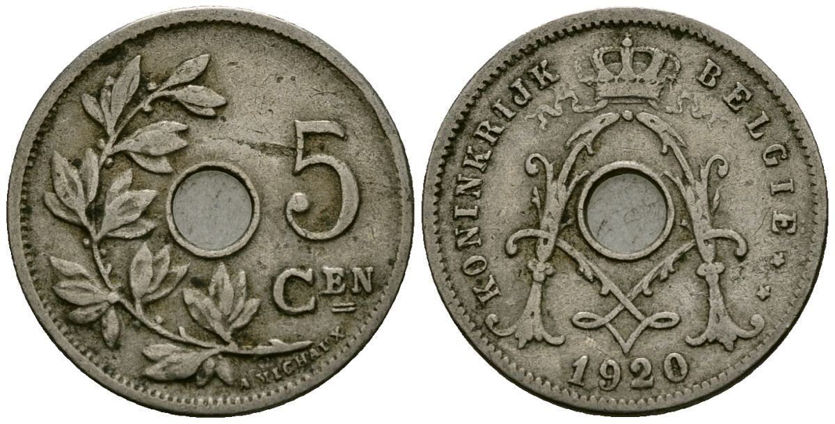 Бельгия 5 сантимов 1920 Belgie KM 67 медно-никель 4173-224