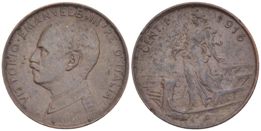 ИТАЛИЯ 1 ЧЕНТЕЗИМО 1916 R, МОНДВОР РИМ, ВИКТОР ЭММАНУИЛ III (1900-1946) KM 40 медь 4516-1039