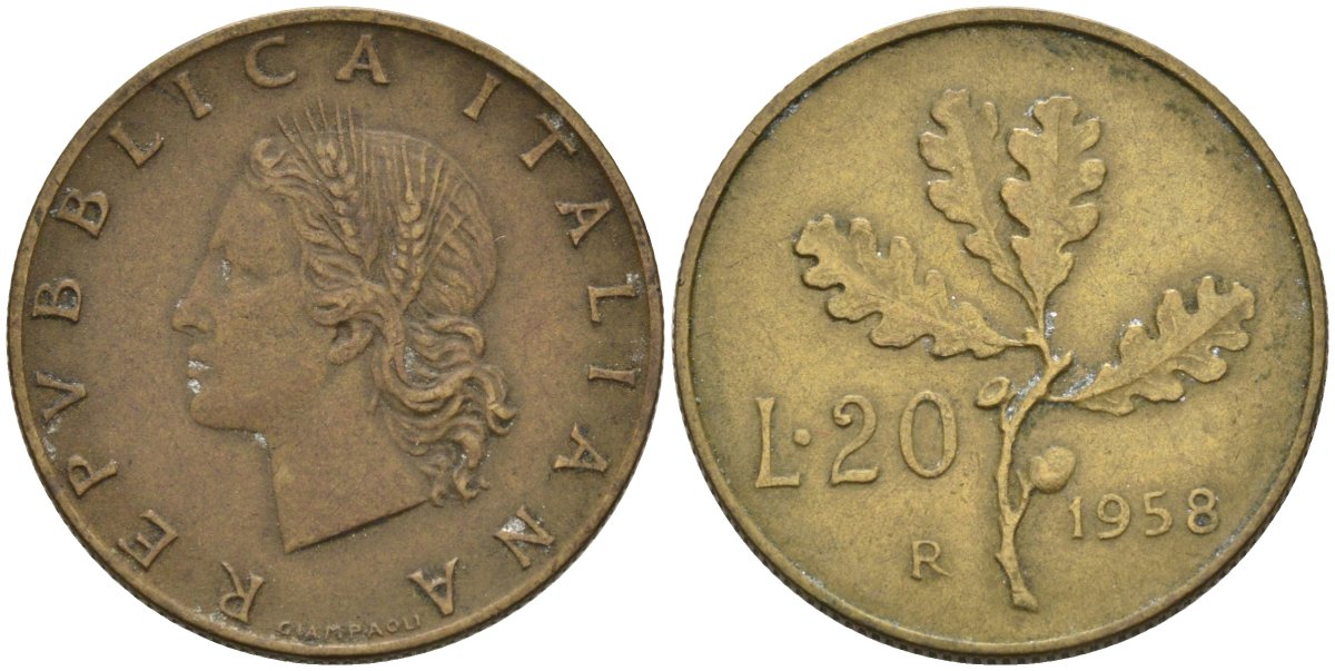 Италия 20 лир 1958 R, дубовый лист KM 97.1 алюминиевая бронза 4575-223