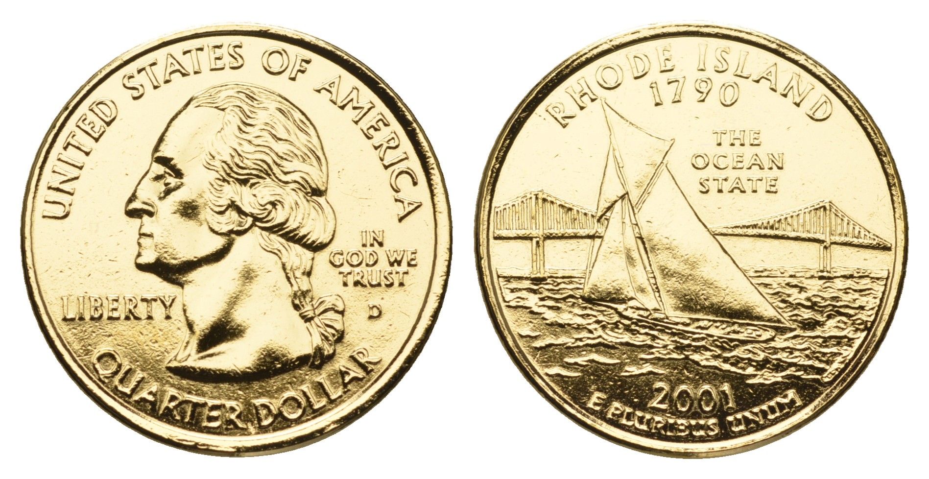 США 1/4 доллара (25 центов) 2001 Квотер штата Род-Айленд KM 320 медь плакированная золотом UNC 11-117-34