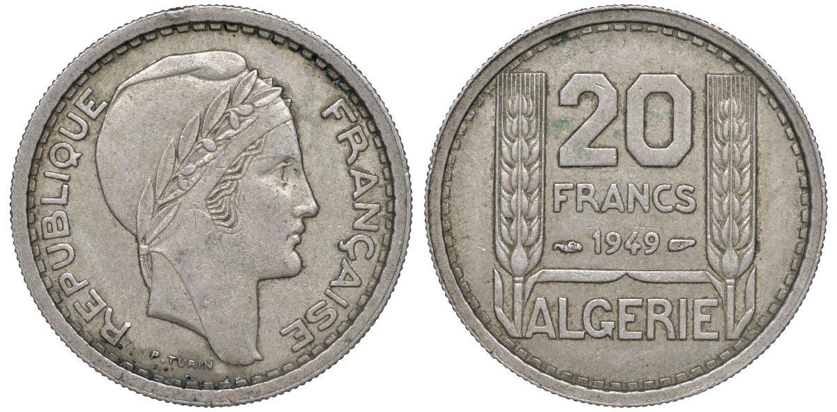 Алжир, Французский 20 франков 1949  KM 91 медно-никель 4606-421