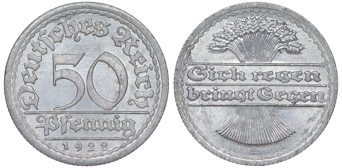 Германия 50 пфеннигов 1922 A KM 27, J. 301 алюминий aUNC 4114-1211