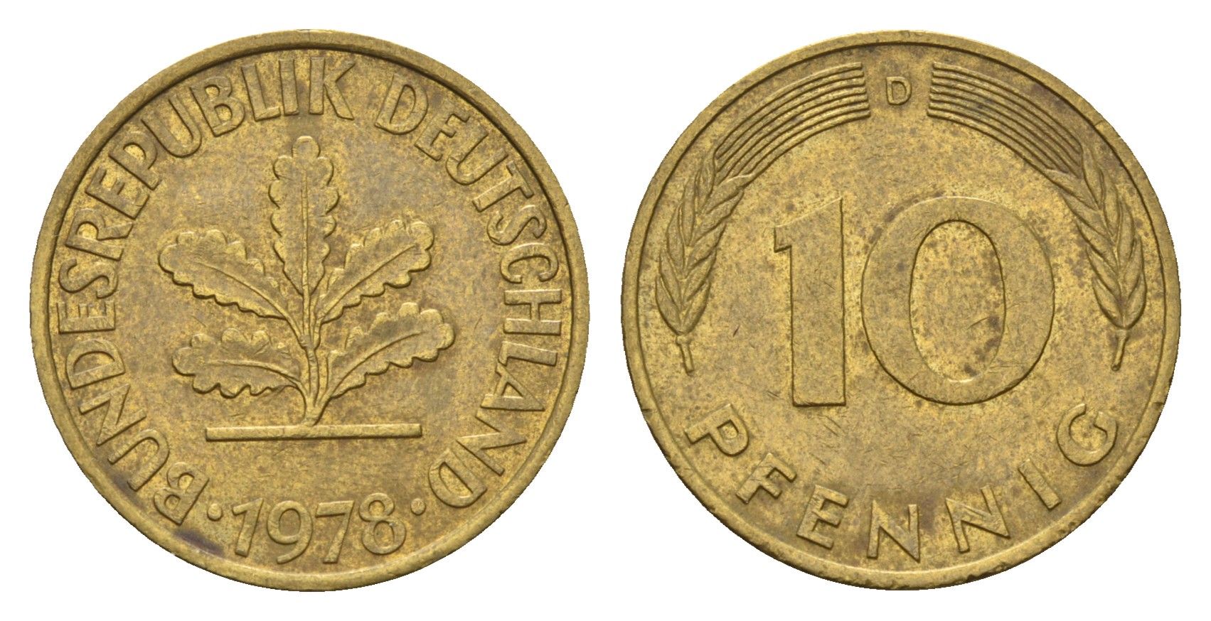 ФРГ 10 пфеннигов 1978 D KM 108, J. 383 сталь плакированная латунью 4684-1212