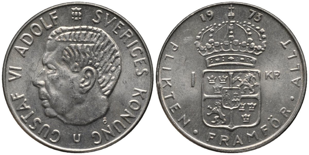 Швеция 1 крона 1973 Густав VI Адольф (1950-1973) KM 826а медь плакированная медно-никелем 4577-816