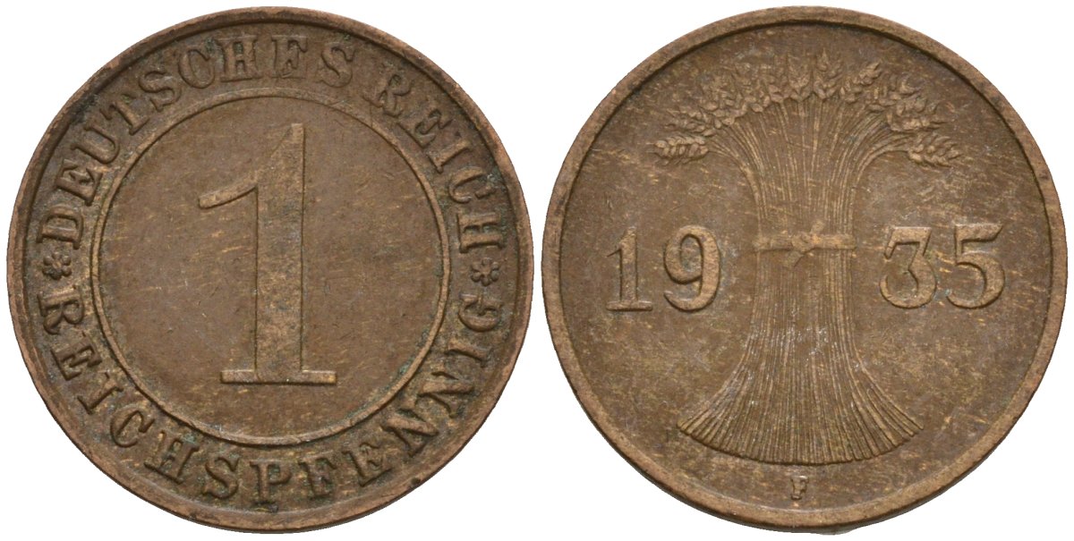 Германия 1 рейхспфенниг 1935 F KM 37, J. 313 бронза 4124-669