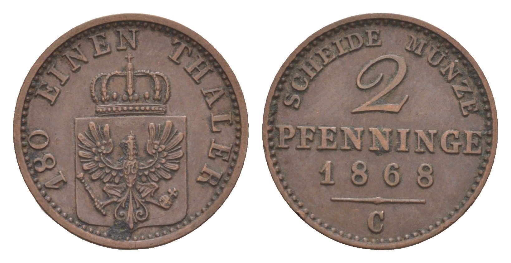 Пруссия 2 пфеннига 1868 C, Вильгельм I (1861-1888) KM 481, Jaeger 51, AKS 107, Olding 425 медь 4651-322