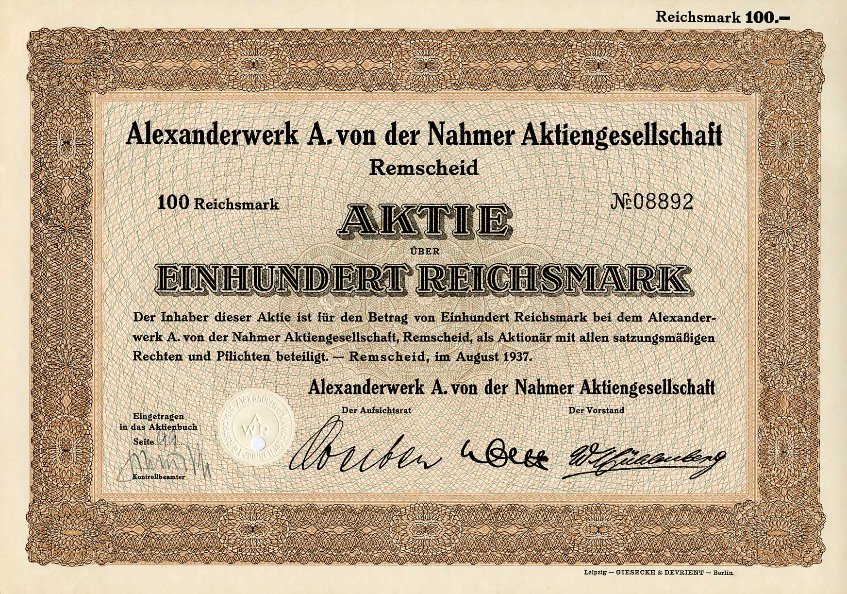 Германия 100 рейхсмарок 1937 Александрверк А. фон дер Нахмер АГ Ремшайд, акция   бумага   8803-105-1