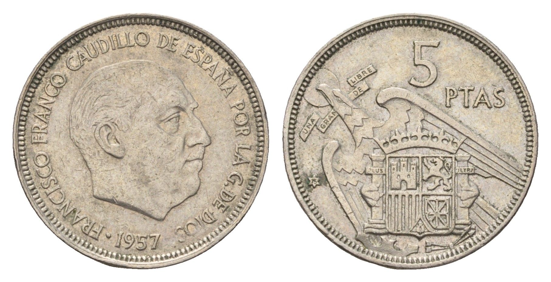 Испания 5 песет 1957 (75) Франсиско Франко (1939-1975) KM 786 медно-никель 4707-333