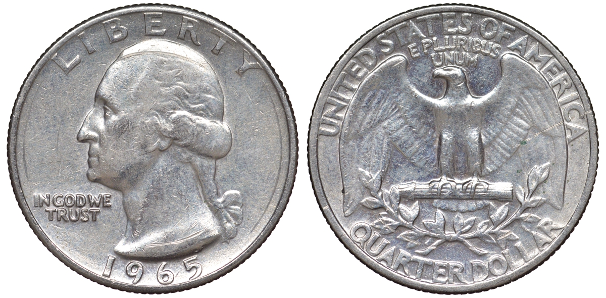 США 25 центов (квотер) 1965 Вашингтон KM 164a медь плакированная медно-никелем 53-853