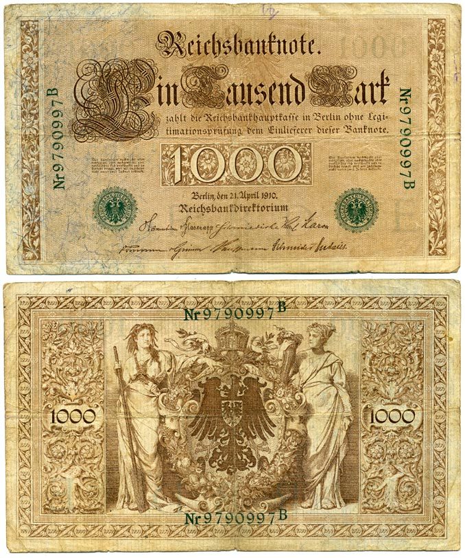 ГЕРМАНИЯ 1000 МАРОК 1910 ЗЕЛЕНАЯ ПЕЧАТЬ, 7 ЦИФР В НОМЕРЕ Pick 45b бумага 3295-119-2-2