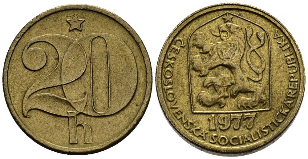 ЧЕХОСЛОВАКИЯ 20 ГЕЛЛЕРОВ 1977 KM 74 латунь 211-817