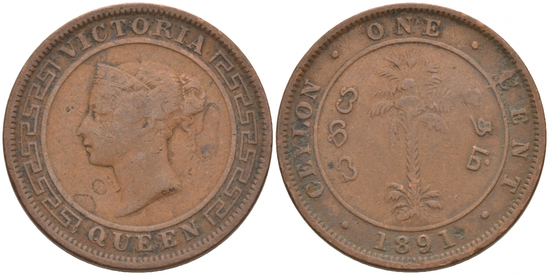 ЦЕЙЛОН 1 ЦЕНТ 1891 ВИКТОРИЯ KM 92 медь 68-713
