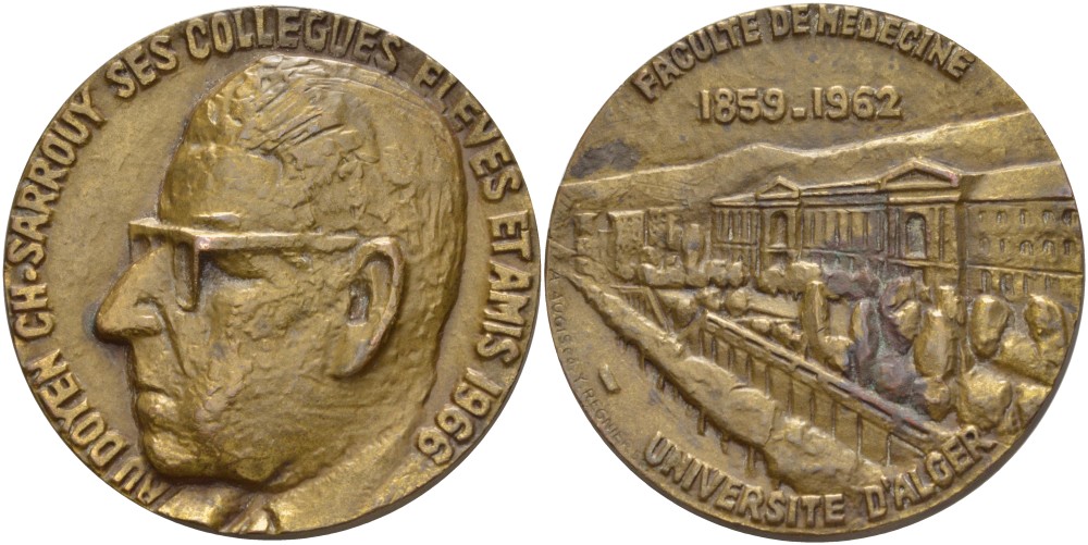 Франция медаль 1966 Алжирский университет, медицинский факультет (1859-1962), франкоязычному педиатру от коллег и друзей, медальер A.AUGISE & Y. REGNIER, диаметр 59 мм.  бронза    1089-2-32