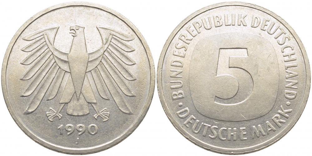 ФРГ 5 МАРОК 1990 J, J. 415, KM 140.1 медно-никель плакированный никелем 109-912