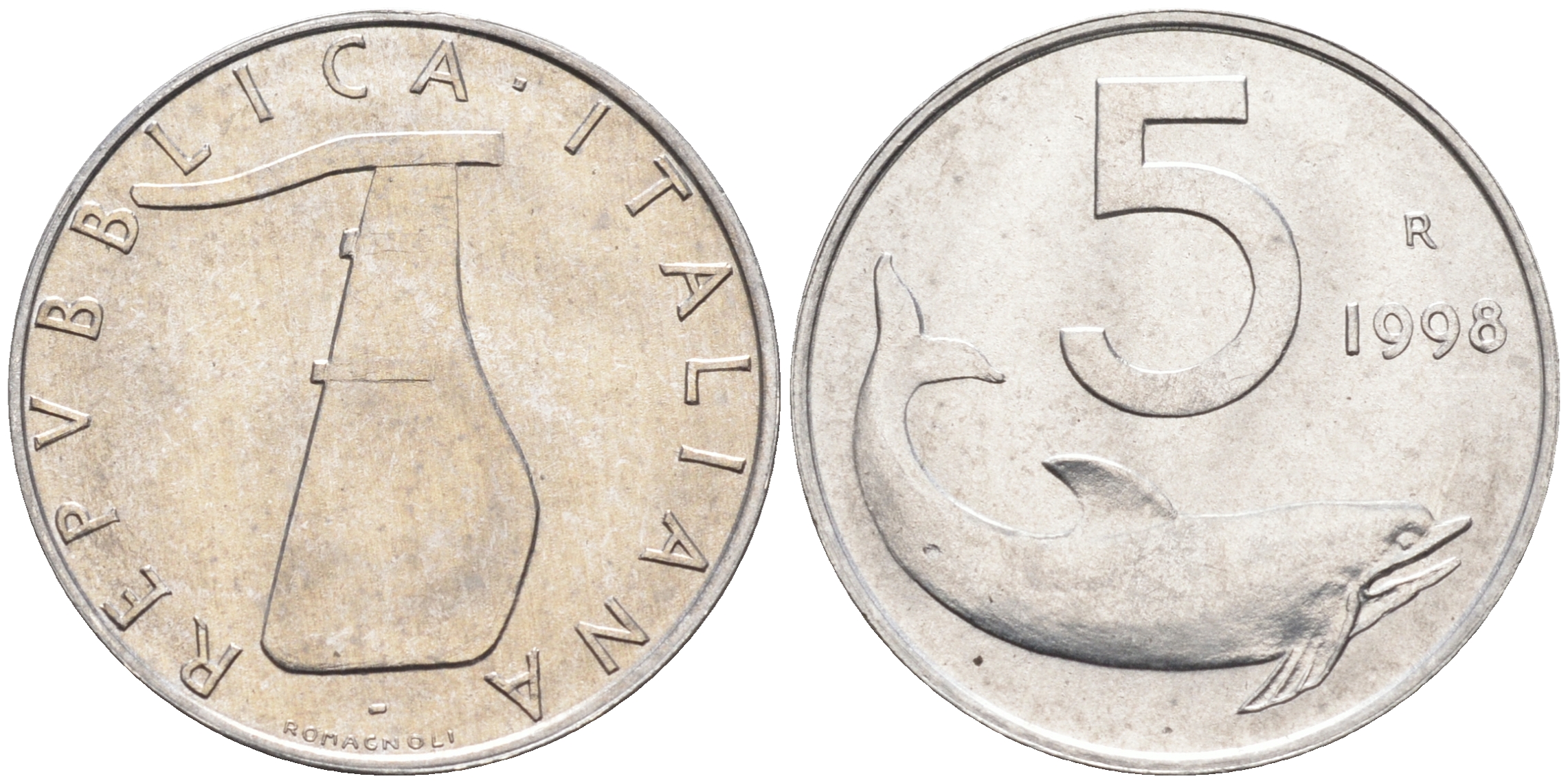 Италия 5 лир 1998 R, дельфин KM 92 алюминий  UNC  4594-727