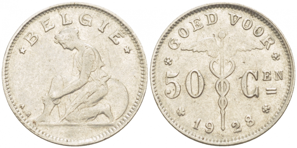 БЕЛЬГИЯ 50 САНТИМОВ 1928 BELGIE KM 88 никель 261-1163