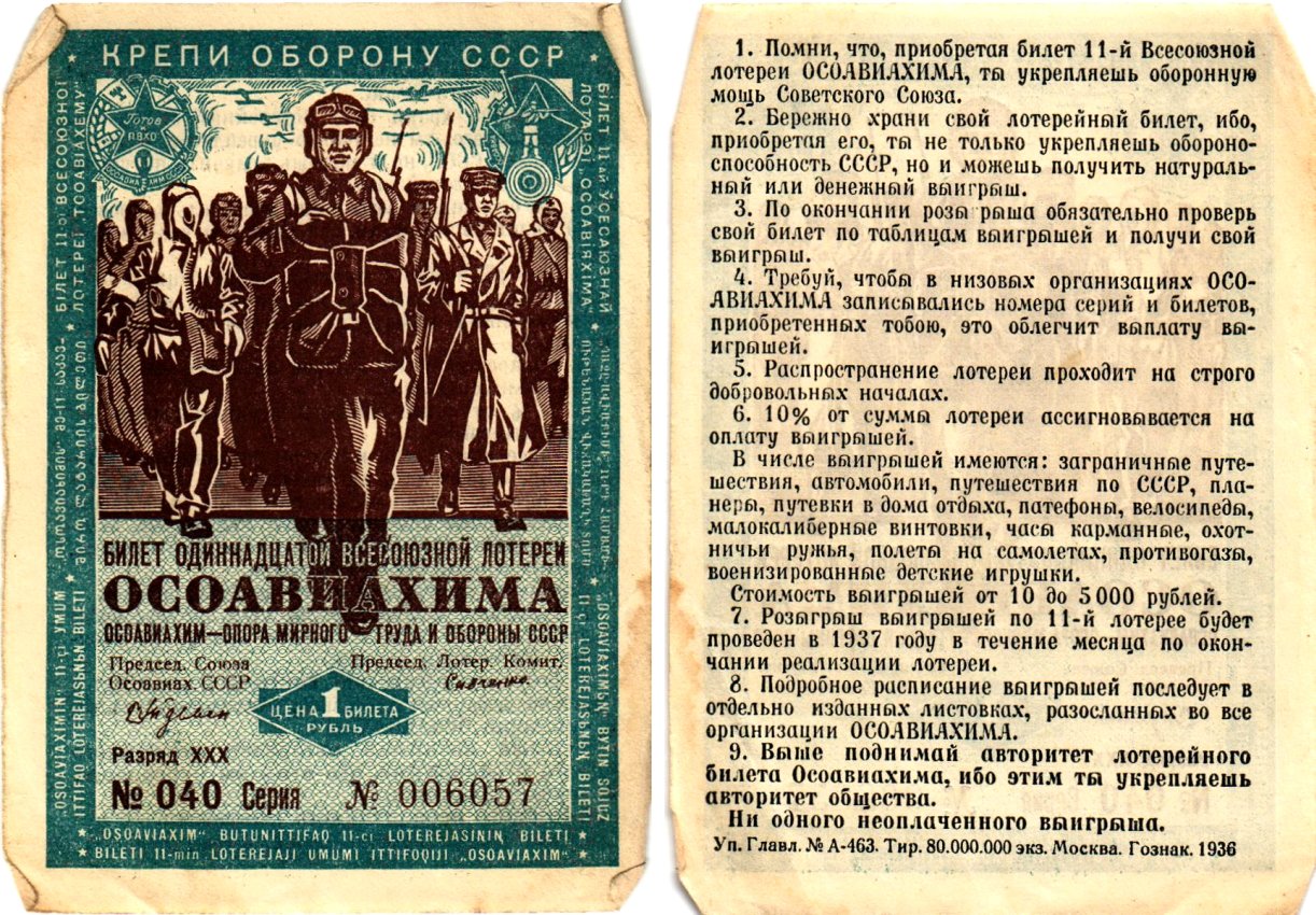 СССР 1 рубль 1936 Одиннадцатая всесоюзная лотерея Осоавиахима 2195-42-2-1