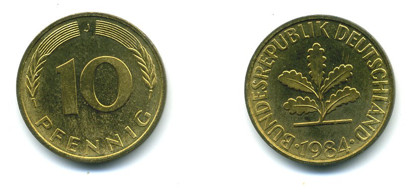 ФРГ 10 ПФЕННИГОВ 1984 J KM 108, J.383 сталь плакированная латунью 46-1442