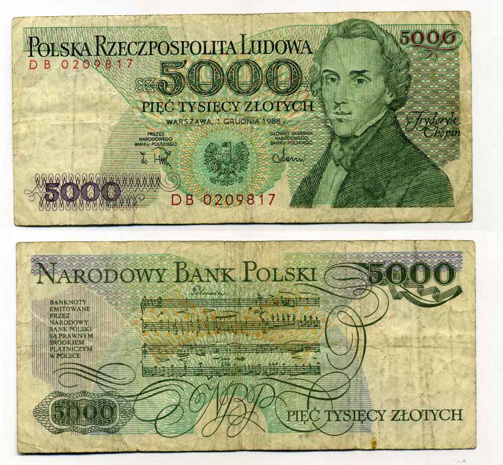 ПОЛЬША 5000 ЗЛОТЫХ 1988 ФРЕДЕРИК ШОПЕН Pick 150c бумага 8588-64-3-2