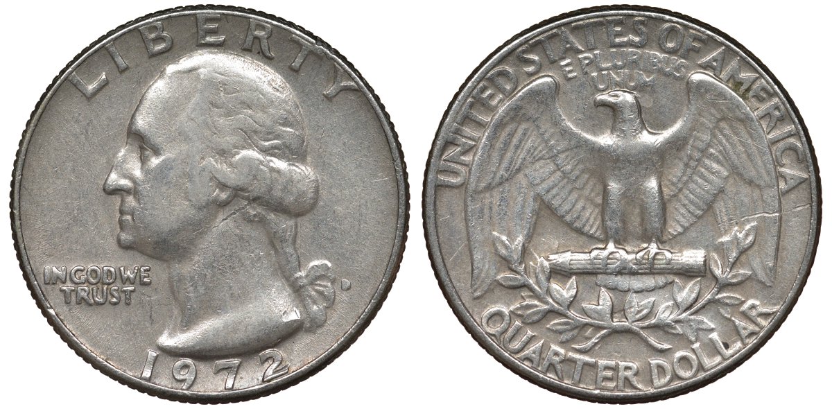 США 25 центов (квотер) 1972 D, Вашингтон KM 164а медь покрытая медно-никелем 72-416