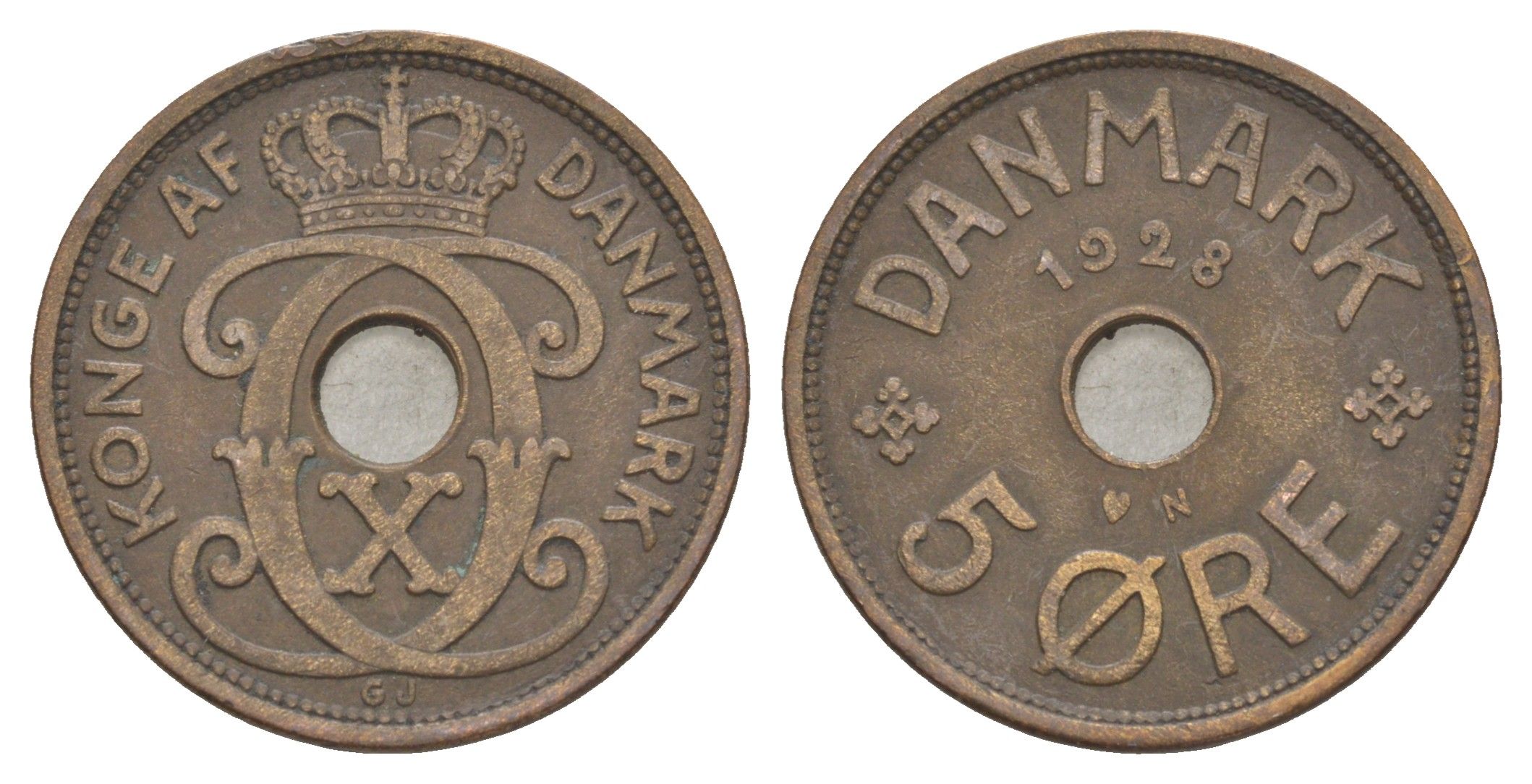 Дания 5 эре 1928 N, Кристиан X (1912-1947) KM 828 бронза 4638-557