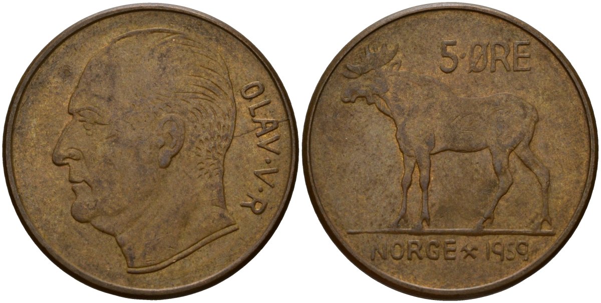 Норвегия 5 эре 1959 Улаф V (1958 - 1991) KM 405 бронза 4156-251