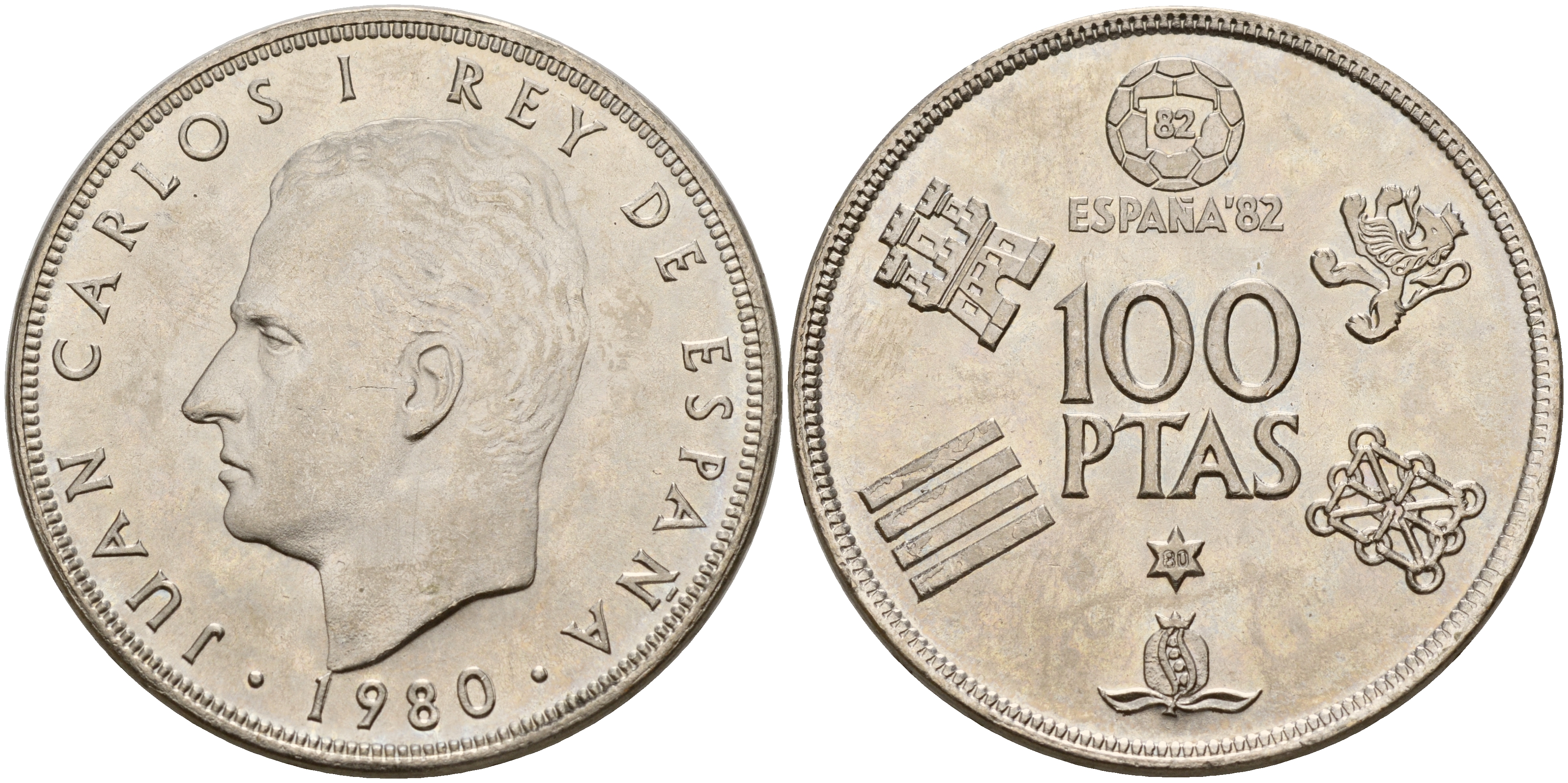 Испания 100 песет 1980 (80) чемпионат мира по футболу в Испании 1982 года, Хуан Карлос I (1975-) KM 820 медно-никель UNC 4537-131