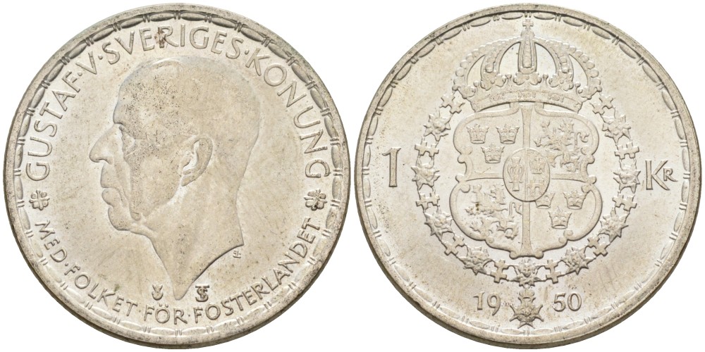 Швеция 1 крона 1950 TS, Густав VI Адольф (1950-1973) KM 814 серебро UNC 3851-925