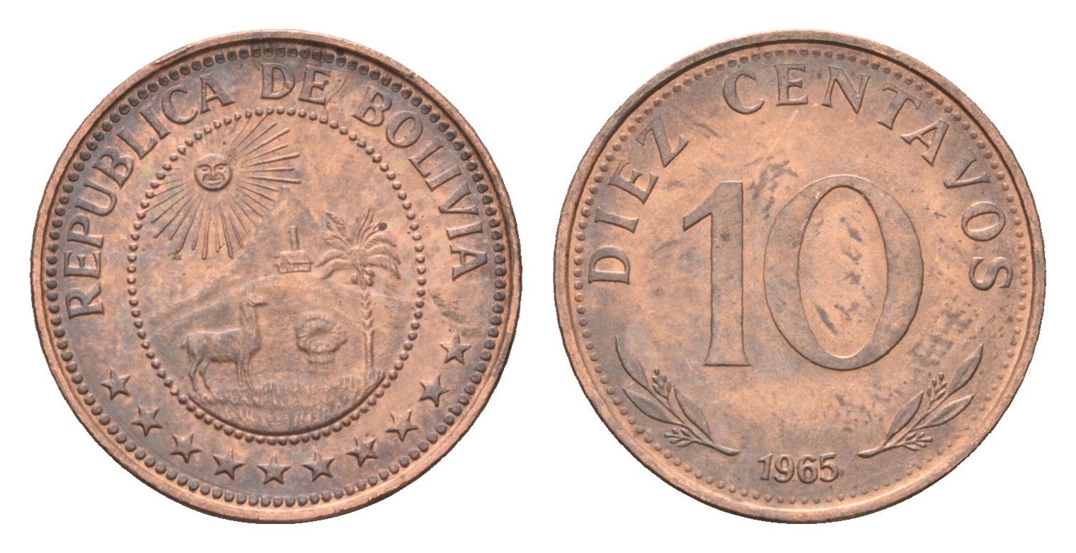 Боливия 10 сентаво 1965 KM 188 сталь плакированная медью 4659-1255