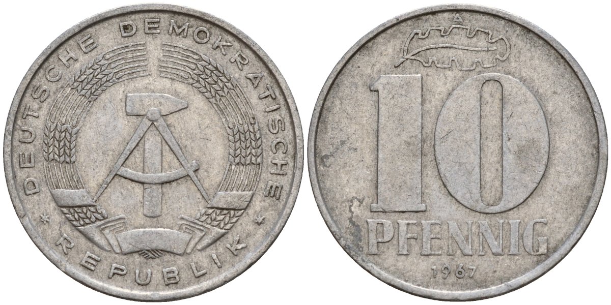 ГДР 10 пфеннигов 1967 A KM 10 алюминий 27-1156