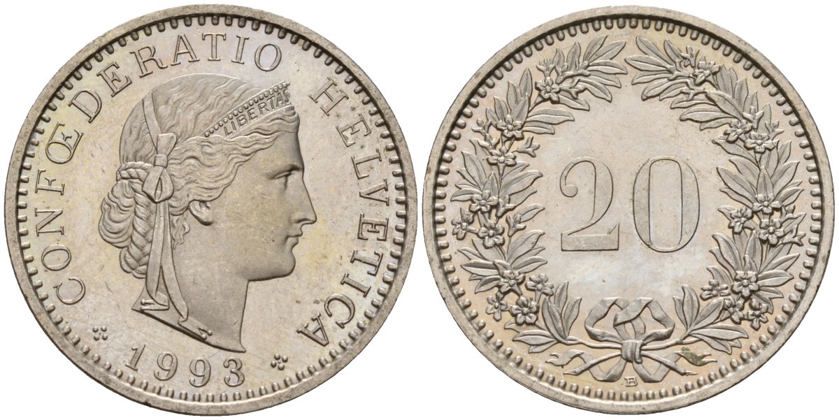 Швейцария 20 раппенов 1993 B KM 29a медно-никель 4187-615