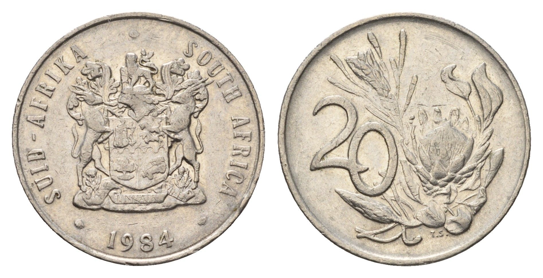 ЮАР 20 центов 1984 герб, цветок протея KM 86 никель 4693-746