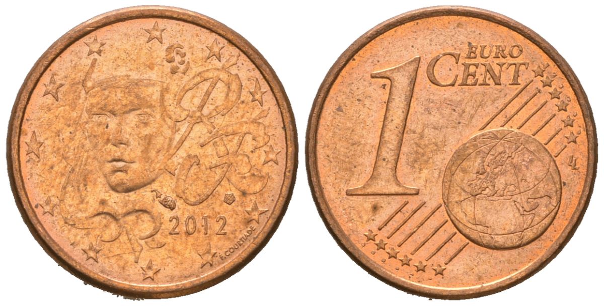 Франция 1 евроцент 2012 KM 1282 сталь плакированная медью aUNC 4618-838